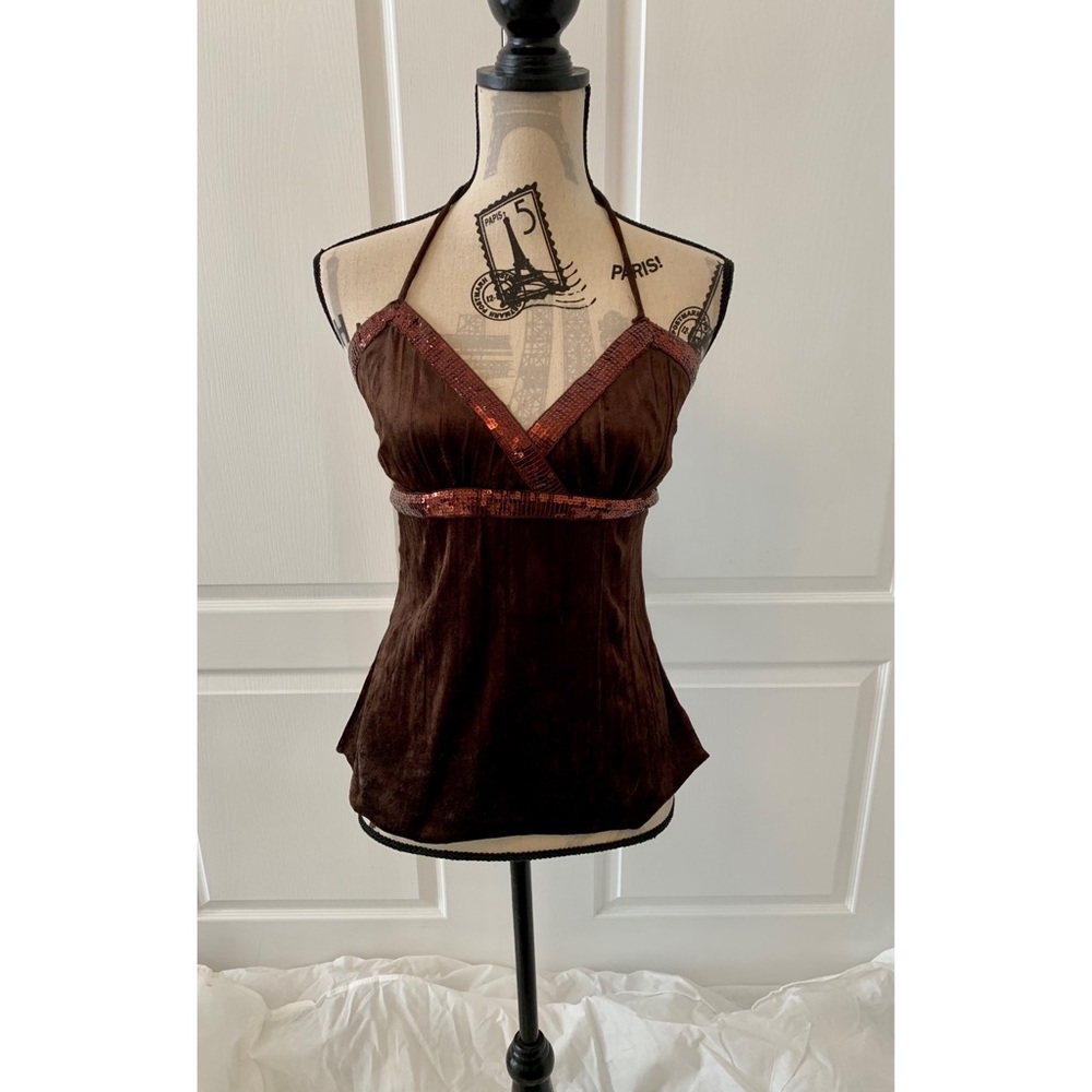 Brown Velvet Sequin-Trim Halter Top
